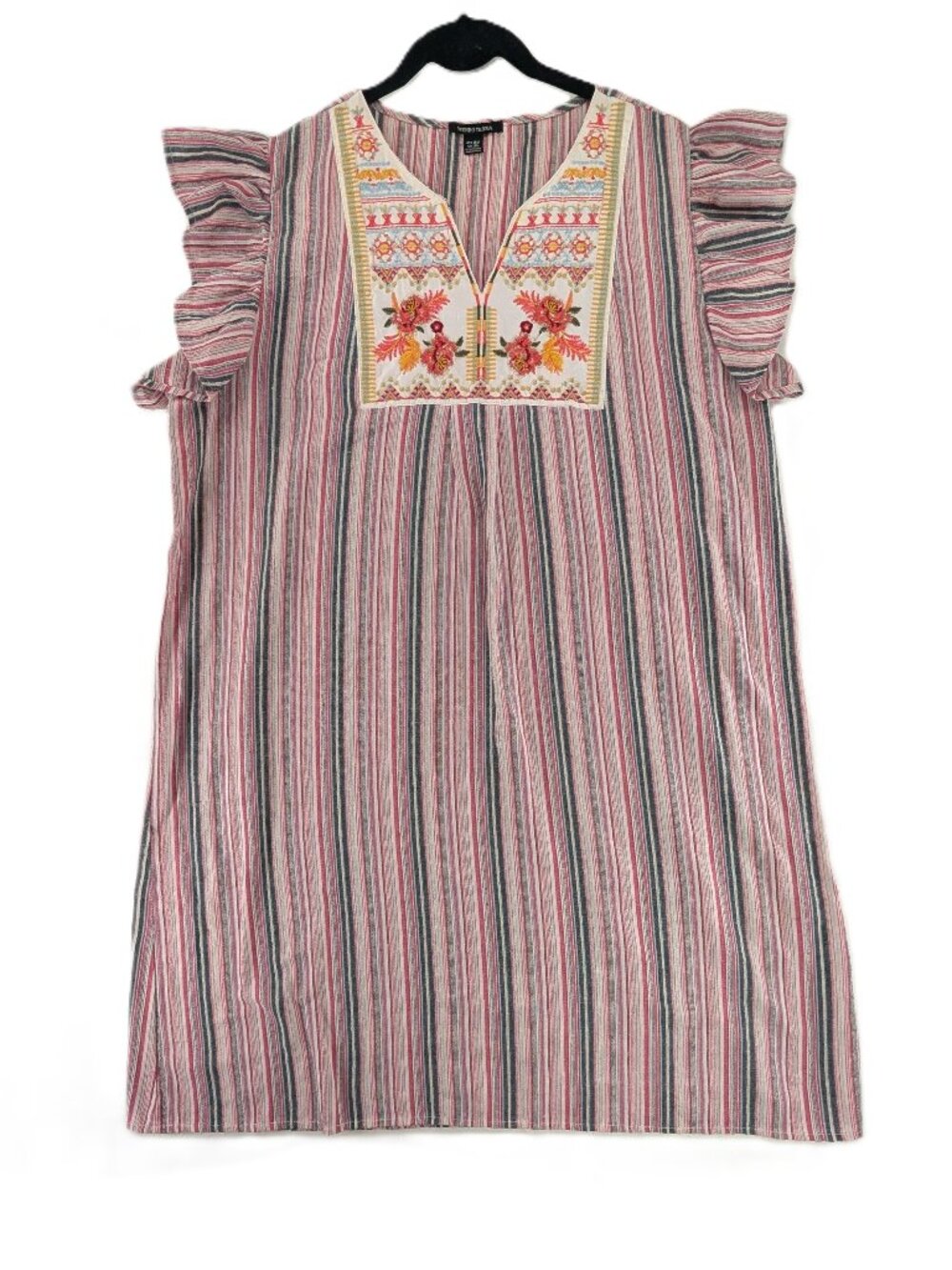 Mundo Terra Dress Womens Sz XL Shift Striped Embroidery Cotton Blend Boho Resort